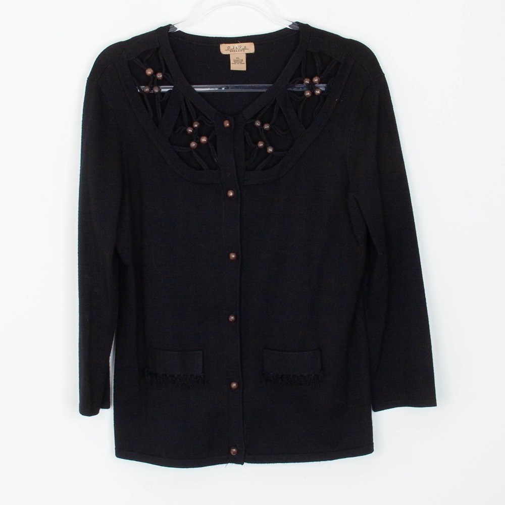 Peck & Peck Weekend Black Embellished Cutout Button Front‎ Cardigan Sweater XL